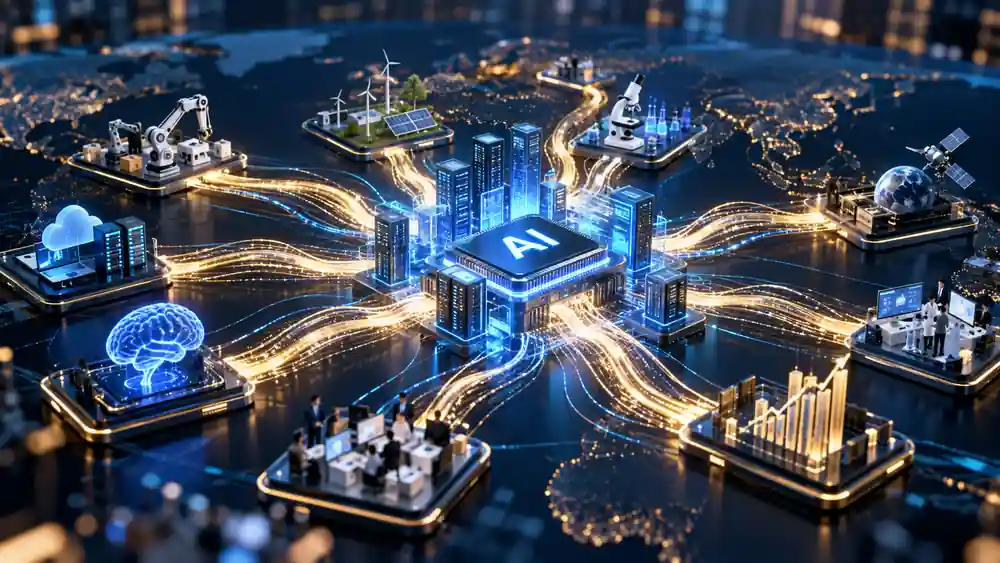 Conceptual illustration of venture capital flowing into artificial intelligence companies.
