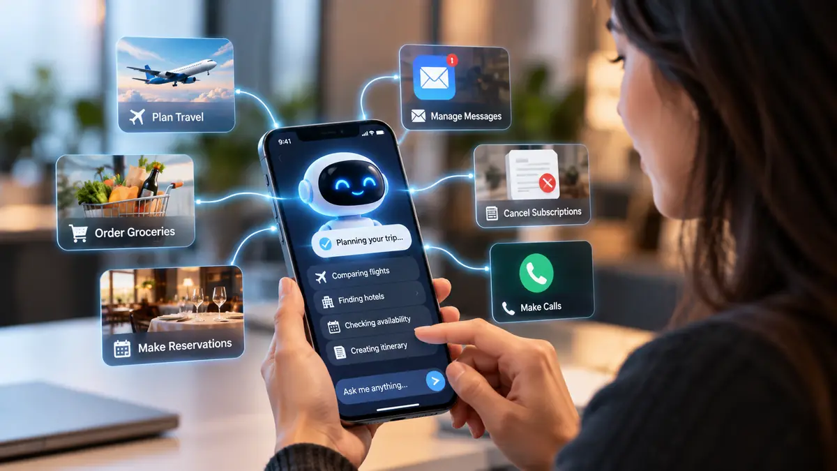 Conceptual illustration of a personal AI agent completing everyday digital tasks.