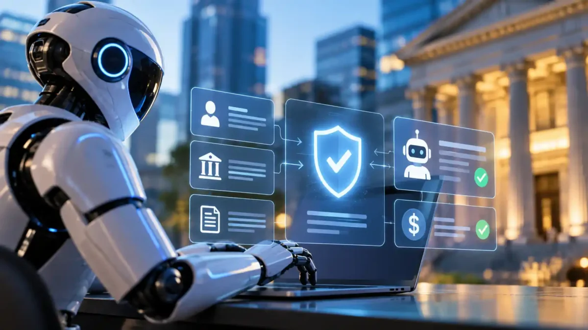 Conceptual illustration of identity verification for AI agents interacting with financial systems.